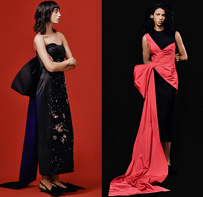 Erdem 2024 Pre-Fall Autumn Womens Lookbook - Indigo Denim Jeans Violetta Bloom Flowers Floral Bustier Gown Roses Trompe L'oeil Trapeze Dress Bodice Draped Sash Big Bow Paisley Tweed Jacket Peplum Tuxedo Tux Black Grain de Poudre Cocktail Dress Bedazzled Crystals Sequins Beads Silhouette Check Shirtdress Trench Coat Embroidery Puff Sleeves Strapless Pinafore Poodle Skirt Knit Sweater Blurry Pantsuit Blazer Minisksirt Pellegrina Butterfly Shoulders