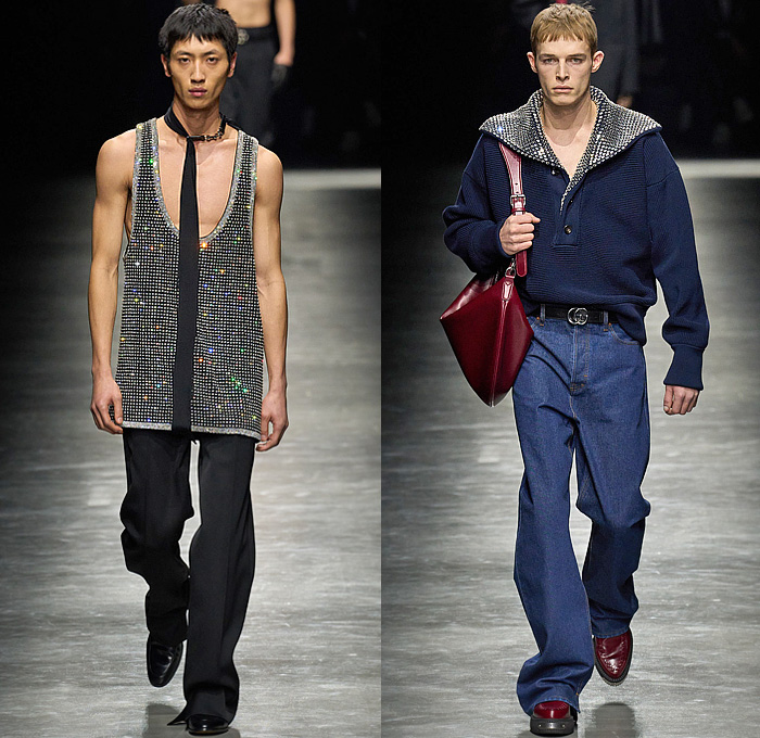 Gucci 2024-2025 Fall Autumn Winter Mens Runway Looks - Milano Moda Uomo Milan Fashion Week - Ancora - Bedazzled Studs Crystals Tank Top Choker Silk Neck Tie Knit Sweater Jumper Wide Collar Cardigan Logo GG Monogram Double-Breasted Hidden Buttons Suit Blazer Creases Ribbed Bomber Jacket Pockets Outerwear Long Coat Quilted Puffer Fur Fringes Tabard Snakeskin Stripes Denim Jeans Gloves Hobo Bag Horsebit Loafers Creeper Soles