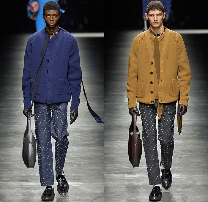 Gucci 2024-2025 Fall Autumn Winter Mens Runway Looks - Milano Moda Uomo Milan Fashion Week - Ancora - Bedazzled Studs Crystals Tank Top Choker Silk Neck Tie Knit Sweater Jumper Wide Collar Cardigan Logo GG Monogram Double-Breasted Hidden Buttons Suit Blazer Creases Ribbed Bomber Jacket Pockets Outerwear Long Coat Quilted Puffer Fur Fringes Tabard Snakeskin Stripes Denim Jeans Gloves Hobo Bag Horsebit Loafers Creeper Soles