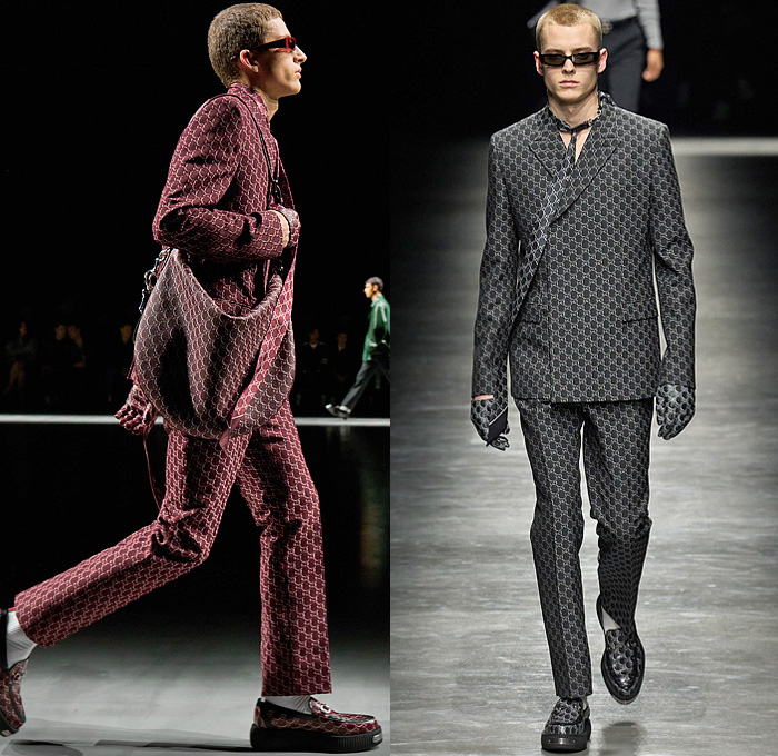 Gucci 2024-2025 Fall Autumn Winter Mens Runway Looks - Milano Moda Uomo Milan Fashion Week - Ancora - Bedazzled Studs Crystals Tank Top Choker Silk Neck Tie Knit Sweater Jumper Wide Collar Cardigan Logo GG Monogram Double-Breasted Hidden Buttons Suit Blazer Creases Ribbed Bomber Jacket Pockets Outerwear Long Coat Quilted Puffer Fur Fringes Tabard Snakeskin Stripes Denim Jeans Gloves Hobo Bag Horsebit Loafers Creeper Soles