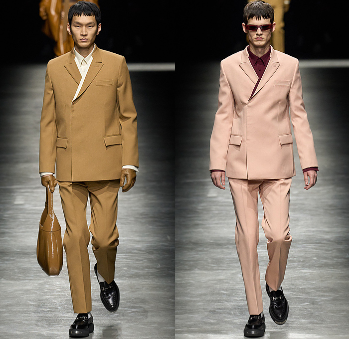 Gucci 2024-2025 Fall Autumn Winter Mens Runway Looks - Milano Moda Uomo Milan Fashion Week - Ancora - Bedazzled Studs Crystals Tank Top Choker Silk Neck Tie Knit Sweater Jumper Wide Collar Cardigan Logo GG Monogram Double-Breasted Hidden Buttons Suit Blazer Creases Ribbed Bomber Jacket Pockets Outerwear Long Coat Quilted Puffer Fur Fringes Tabard Snakeskin Stripes Denim Jeans Gloves Hobo Bag Horsebit Loafers Creeper Soles