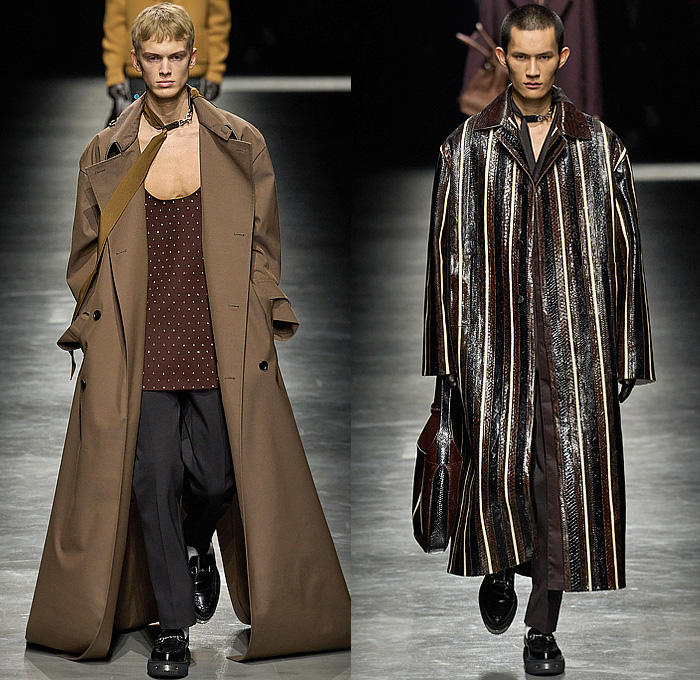 Gucci 2024-2025 Fall Autumn Winter Mens Runway Looks - Milano Moda Uomo Milan Fashion Week - Ancora - Bedazzled Studs Crystals Tank Top Choker Silk Neck Tie Knit Sweater Jumper Wide Collar Cardigan Logo GG Monogram Double-Breasted Hidden Buttons Suit Blazer Creases Ribbed Bomber Jacket Pockets Outerwear Long Coat Quilted Puffer Fur Fringes Tabard Snakeskin Stripes Denim Jeans Gloves Hobo Bag Horsebit Loafers Creeper Soles