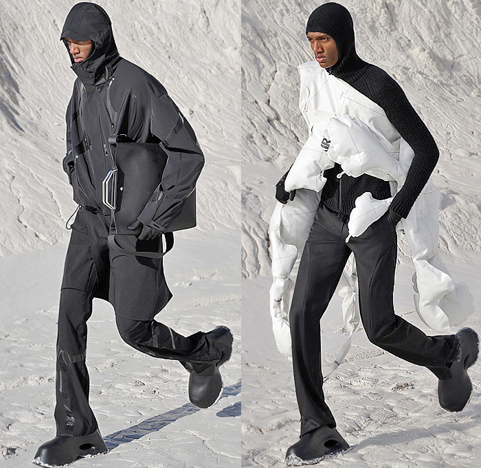 Heliot Emil 2024-2025 Fall Autumn Winter Mens Lookbook - Paris Fashion Week - Shelter - Alpinestars Collaboration Tech-Air Motorcycle Biker MX Motocross Protection Gear Pads Tank Top Knit Sweater Jumper Blazer Jacket Suit Tied Knot Draped Sheer Cape Shawl Shorts Vest Quilted Puffer Hood Balaclava Outerwear Parka Coat Slouchy Baggy Loose Dark Wash Denim Jeans Striped Panels Inflatable Briefcase Hexane Tote Excluse Box Bag Gloves Scry Boots