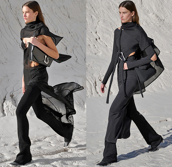 Heliot Emil 2024-2025 Fall Autumn Winter Womens Lookbook - Paris Fashion Week - Shelter - Alpinestars Tech-Air Motorcycle Biker Motocross Padded Sheer Organza Capelet Shawl Dress Draped Harness Straps Strings Bandage Hooks Knit Cutout Bikini Chaps Panels Wide Leg Palazzo Pants Technical Jacket Skirt Hood Balaclava Cardigan Sweater Pantsuit Blazer Crop Top Midriff Miniskirt Wool Tights Leggings Quilted Puffer Connective Down Jacket Abstracct Carabiner Handle Boots Luculent Tote Bag