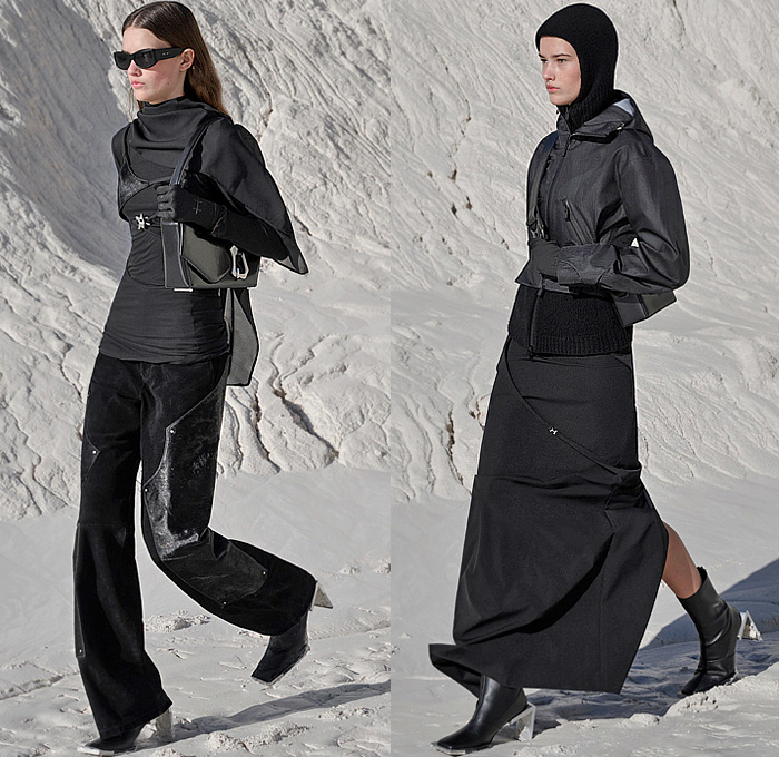 Heliot Emil 2024-2025 Fall Autumn Winter Womens Lookbook - Paris Fashion Week - Shelter - Alpinestars Tech-Air Motorcycle Biker Motocross Padded Sheer Organza Capelet Shawl Dress Draped Harness Straps Strings Bandage Hooks Knit Cutout Bikini Chaps Panels Wide Leg Palazzo Pants Technical Jacket Skirt Hood Balaclava Cardigan Sweater Pantsuit Blazer Crop Top Midriff Miniskirt Wool Tights Leggings Quilted Puffer Connective Down Jacket Abstracct Carabiner Handle Boots Luculent Tote Bag