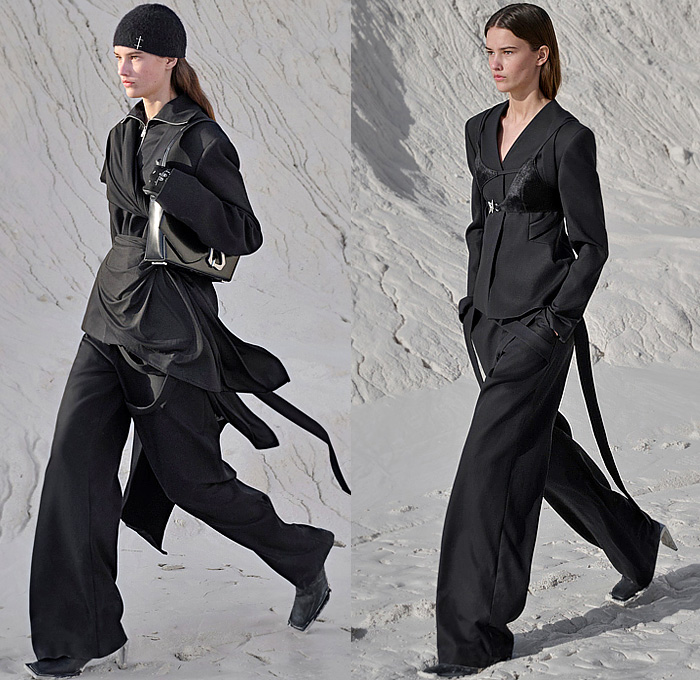 Heliot Emil 2024-2025 Fall Autumn Winter Womens Lookbook - Paris Fashion Week - Shelter - Alpinestars Tech-Air Motorcycle Biker Motocross Padded Sheer Organza Capelet Shawl Dress Draped Harness Straps Strings Bandage Hooks Knit Cutout Bikini Chaps Panels Wide Leg Palazzo Pants Technical Jacket Skirt Hood Balaclava Cardigan Sweater Pantsuit Blazer Crop Top Midriff Miniskirt Wool Tights Leggings Quilted Puffer Connective Down Jacket Abstracct Carabiner Handle Boots Luculent Tote Bag