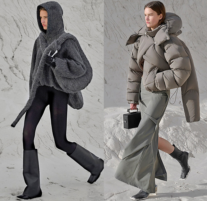 Heliot Emil 2024-2025 Fall Autumn Winter Womens Lookbook - Paris Fashion Week - Shelter - Alpinestars Tech-Air Motorcycle Biker Motocross Padded Sheer Organza Capelet Shawl Dress Draped Harness Straps Strings Bandage Hooks Knit Cutout Bikini Chaps Panels Wide Leg Palazzo Pants Technical Jacket Skirt Hood Balaclava Cardigan Sweater Pantsuit Blazer Crop Top Midriff Miniskirt Wool Tights Leggings Quilted Puffer Connective Down Jacket Abstracct Carabiner Handle Boots Luculent Tote Bag