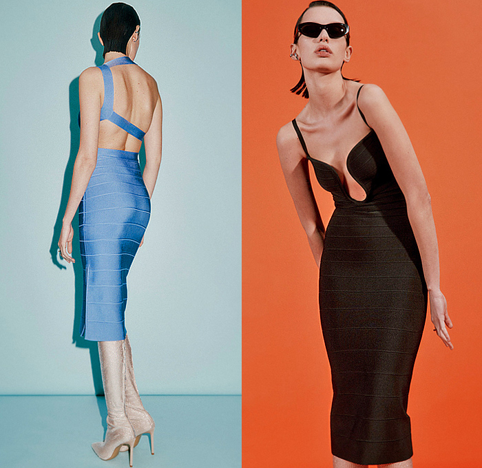 Hervé Léger 2024 Pre-Fall Autumn Womens Lookbook - Piano Keys Fringes Bedazzled Crystals Sleeveless Blouse Bandage Dress Noodle Strap Bodycon Body Contour Cutout Slashed Strapless Open Shoulders Straps Keyhole Neck Harness Studs Halterneck Halter Top Sheer Tulle Pencil Skirt Crop Top Midriff Bralette Gown Eveningwear Fringes Threads Heels Boots