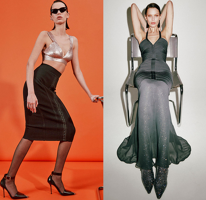 Hervé Léger 2024 Pre-Fall Autumn Womens Lookbook - Piano Keys Fringes Bedazzled Crystals Sleeveless Blouse Bandage Dress Noodle Strap Bodycon Body Contour Cutout Slashed Strapless Open Shoulders Straps Keyhole Neck Harness Studs Halterneck Halter Top Sheer Tulle Pencil Skirt Crop Top Midriff Bralette Gown Eveningwear Fringes Threads Heels Boots