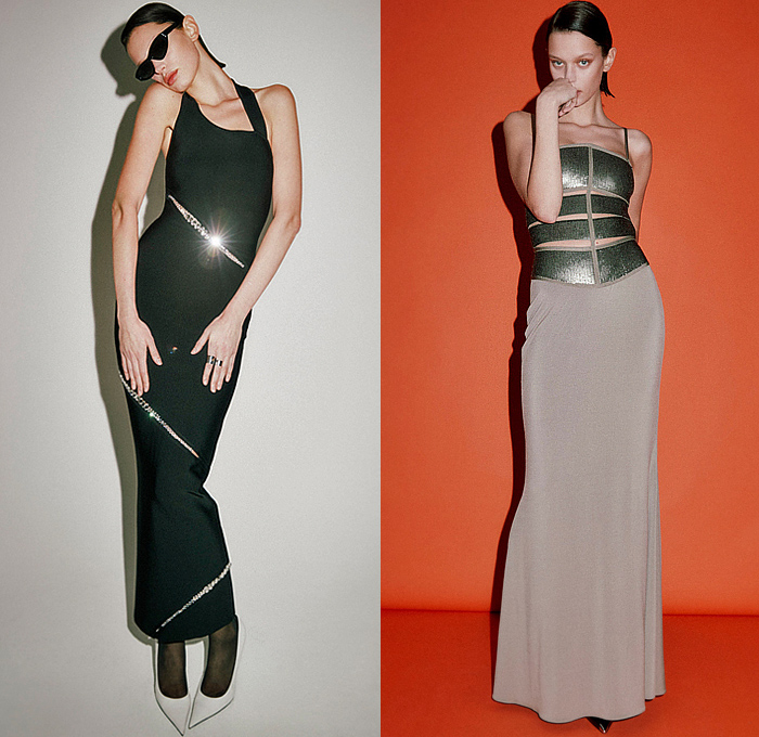 Hervé Léger 2024 Pre-Fall Autumn Womens Lookbook - Piano Keys Fringes Bedazzled Crystals Sleeveless Blouse Bandage Dress Noodle Strap Bodycon Body Contour Cutout Slashed Strapless Open Shoulders Straps Keyhole Neck Harness Studs Halterneck Halter Top Sheer Tulle Pencil Skirt Crop Top Midriff Bralette Gown Eveningwear Fringes Threads Heels Boots