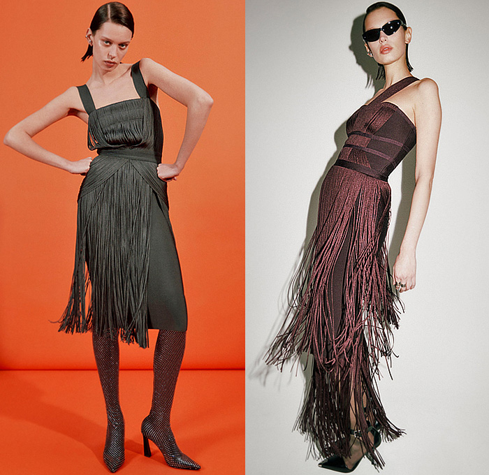 Hervé Léger 2024 Pre-Fall Autumn Womens Lookbook - Piano Keys Fringes Bedazzled Crystals Sleeveless Blouse Bandage Dress Noodle Strap Bodycon Body Contour Cutout Slashed Strapless Open Shoulders Straps Keyhole Neck Harness Studs Halterneck Halter Top Sheer Tulle Pencil Skirt Crop Top Midriff Bralette Gown Eveningwear Fringes Threads Heels Boots