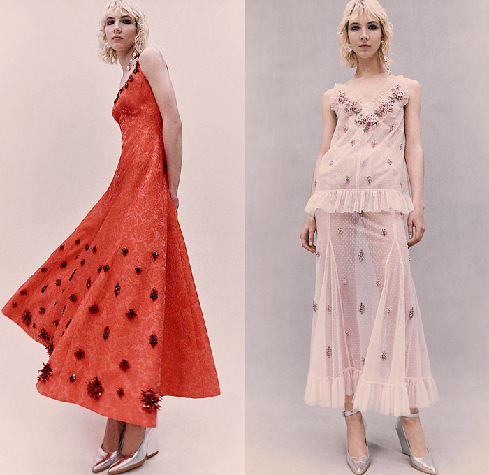 Huishan Zhang 2024 Pre-Fall Autumn Womens Lookbook - Sheer Tulle Organza Tiered Ruffles Gown Polka Dots Bralette Corset Chinese Mandarin Collar Qípáo Cheongsam Bedazzled Crystals Gems Jewels Brooch Studs Bow Poufy Shoulders Petal Sleeves Flowers Floral Embroidery Denim Jeans Jacket Pinafore Dress Skirt Coat Pantsuit Cutout Perforated Holes Wide Leg Palazzo Pants Three-Quarter Sleeves Fur Silk Fringes Metal Silver Boots