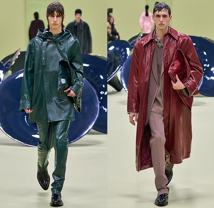 Jil Sander 2024-2025 Fall Autumn Winter Mens Runway Looks - Milan Fashion Week MFW Italy - Helmet Knit Crochet Embroidery Leaves Foliage Plants Tank Top Geometric Crystals Fringes Leather Anorak Hood Oversized Outerwear Coat Suit Blazer Quilted Waffle Shaggy Fur Shearling Shawl Cape Handbag File Folder Mary Janes Boots