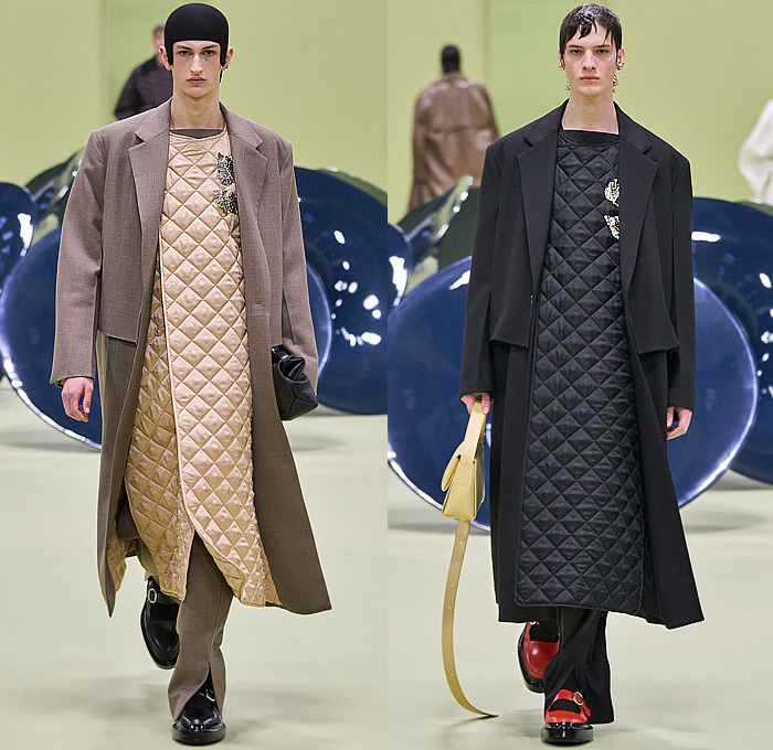 Jil Sander 2024-2025 Fall Autumn Winter Mens Runway Looks - Milan Fashion Week MFW Italy - Helmet Knit Crochet Embroidery Leaves Foliage Plants Tank Top Geometric Crystals Fringes Leather Anorak Hood Oversized Outerwear Coat Suit Blazer Quilted Waffle Shaggy Fur Shearling Shawl Cape Handbag File Folder Mary Janes Boots