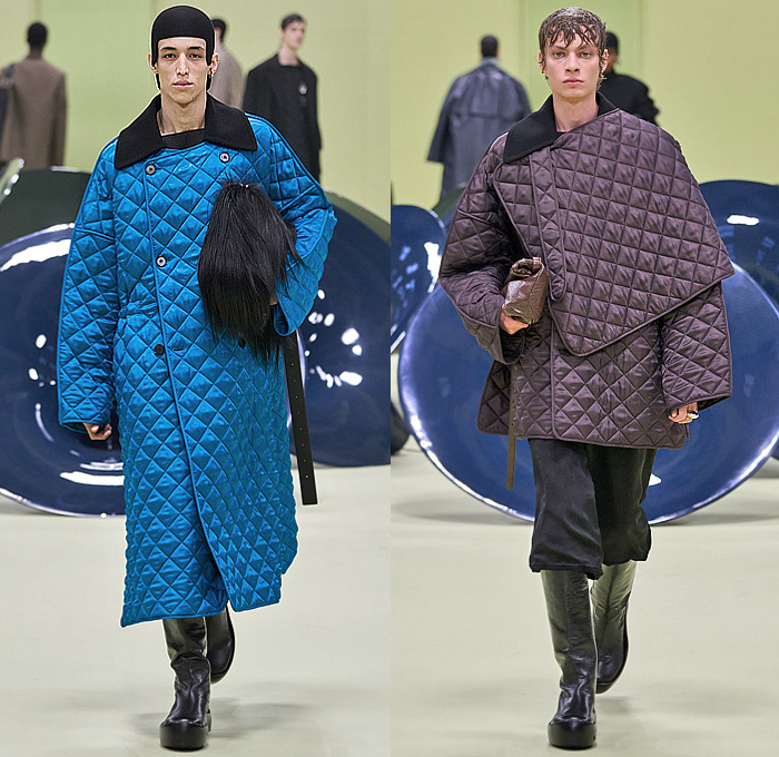 Jil Sander 2024-2025 Fall Autumn Winter Mens Runway Looks - Milan Fashion Week MFW Italy - Helmet Knit Crochet Embroidery Leaves Foliage Plants Tank Top Geometric Crystals Fringes Leather Anorak Hood Oversized Outerwear Coat Suit Blazer Quilted Waffle Shaggy Fur Shearling Shawl Cape Handbag File Folder Mary Janes Boots