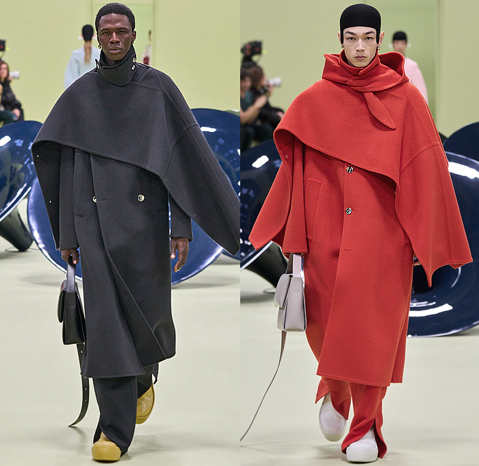 Jil Sander 2024-2025 Fall Autumn Winter Mens Runway Looks - Milan Fashion Week MFW Italy - Helmet Knit Crochet Embroidery Leaves Foliage Plants Tank Top Geometric Crystals Fringes Leather Anorak Hood Oversized Outerwear Coat Suit Blazer Quilted Waffle Shaggy Fur Shearling Shawl Cape Handbag File Folder Mary Janes Boots