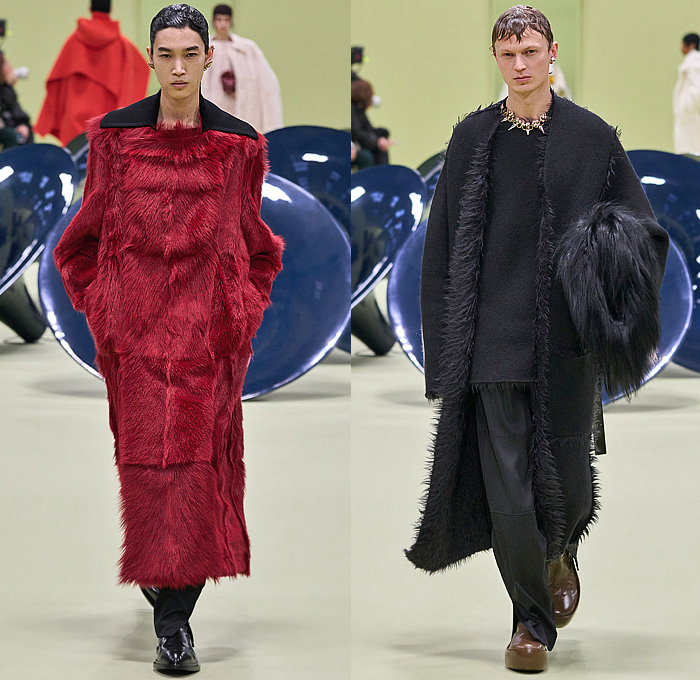 Jil Sander 2024-2025 Fall Autumn Winter Mens Runway Looks - Milan Fashion Week MFW Italy - Helmet Knit Crochet Embroidery Leaves Foliage Plants Tank Top Geometric Crystals Fringes Leather Anorak Hood Oversized Outerwear Coat Suit Blazer Quilted Waffle Shaggy Fur Shearling Shawl Cape Handbag File Folder Mary Janes Boots