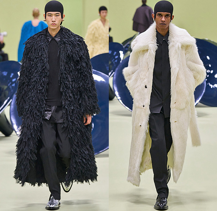 Jil Sander 2024-2025 Fall Autumn Winter Mens Runway Looks - Milan Fashion Week MFW Italy - Helmet Knit Crochet Embroidery Leaves Foliage Plants Tank Top Geometric Crystals Fringes Leather Anorak Hood Oversized Outerwear Coat Suit Blazer Quilted Waffle Shaggy Fur Shearling Shawl Cape Handbag File Folder Mary Janes Boots