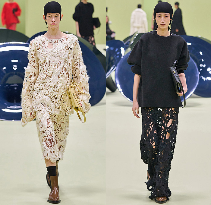 Jil Sander 2024-2025 Fall Autumn Winter Womens Runway Looks - Milan Fashion Week Italy - Medieval Helmet Knit Crochet Embroidery Plants Leaves Flowers Floral Rolled Neck Fringes Frayed Raw Hem Wool Crop Top Midriff Minimalist Double-Breasted Buttons Coat Poncho Curved Poufy Sleeves Dress Strapless Metallic Mesh Bedazzled Sequins Draped Cocoon Quilted Puffer Cape Fur Plush Velvet Wide Leg Midi Skirt Boots Handbag