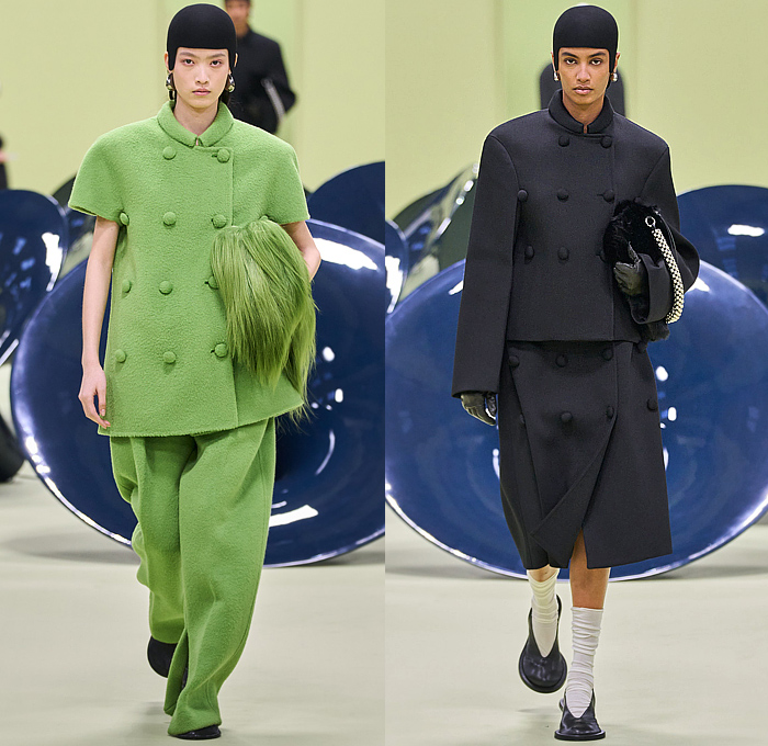 Jil Sander 2024-2025 Fall Autumn Winter Womens Runway Looks - Milan Fashion Week Italy - Medieval Helmet Knit Crochet Embroidery Plants Leaves Flowers Floral Rolled Neck Fringes Frayed Raw Hem Wool Crop Top Midriff Minimalist Double-Breasted Buttons Coat Poncho Curved Poufy Sleeves Dress Strapless Metallic Mesh Bedazzled Sequins Draped Cocoon Quilted Puffer Cape Fur Plush Velvet Wide Leg Midi Skirt Boots Handbag