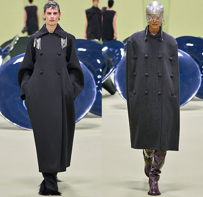 Jil Sander 2024-2025 Fall Autumn Winter Womens Runway Looks - Milan Fashion Week Italy - Medieval Helmet Knit Crochet Embroidery Plants Leaves Flowers Floral Rolled Neck Fringes Frayed Raw Hem Wool Crop Top Midriff Minimalist Double-Breasted Buttons Coat Poncho Curved Poufy Sleeves Dress Strapless Metallic Mesh Bedazzled Sequins Draped Cocoon Quilted Puffer Cape Fur Plush Velvet Wide Leg Midi Skirt Boots Handbag