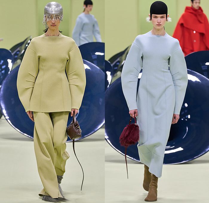 Jil Sander 2024-2025 Fall Autumn Winter Womens Runway Looks - Milan Fashion Week Italy - Medieval Helmet Knit Crochet Embroidery Plants Leaves Flowers Floral Rolled Neck Fringes Frayed Raw Hem Wool Crop Top Midriff Minimalist Double-Breasted Buttons Coat Poncho Curved Poufy Sleeves Dress Strapless Metallic Mesh Bedazzled Sequins Draped Cocoon Quilted Puffer Cape Fur Plush Velvet Wide Leg Midi Skirt Boots Handbag