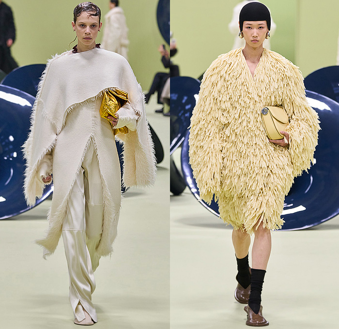 Jil Sander 2024-2025 Fall Autumn Winter Womens Runway Looks - Milan Fashion Week Italy - Medieval Helmet Knit Crochet Embroidery Plants Leaves Flowers Floral Rolled Neck Fringes Frayed Raw Hem Wool Crop Top Midriff Minimalist Double-Breasted Buttons Coat Poncho Curved Poufy Sleeves Dress Strapless Metallic Mesh Bedazzled Sequins Draped Cocoon Quilted Puffer Cape Fur Plush Velvet Wide Leg Midi Skirt Boots Handbag