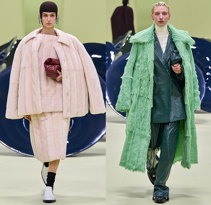Jil Sander 2024-2025 Fall Autumn Winter Womens Runway Looks - Milan Fashion Week Italy - Medieval Helmet Knit Crochet Embroidery Plants Leaves Flowers Floral Rolled Neck Fringes Frayed Raw Hem Wool Crop Top Midriff Minimalist Double-Breasted Buttons Coat Poncho Curved Poufy Sleeves Dress Strapless Metallic Mesh Bedazzled Sequins Draped Cocoon Quilted Puffer Cape Fur Plush Velvet Wide Leg Midi Skirt Boots Handbag