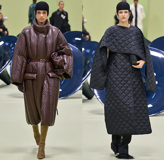 Jil Sander 2024-2025 Fall Autumn Winter Womens Runway Looks - Milan Fashion Week Italy - Medieval Helmet Knit Crochet Embroidery Plants Leaves Flowers Floral Rolled Neck Fringes Frayed Raw Hem Wool Crop Top Midriff Minimalist Double-Breasted Buttons Coat Poncho Curved Poufy Sleeves Dress Strapless Metallic Mesh Bedazzled Sequins Draped Cocoon Quilted Puffer Cape Fur Plush Velvet Wide Leg Midi Skirt Boots Handbag