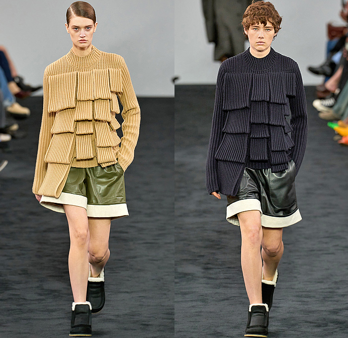 JW Anderson 2024-2025 Fall Autumn Winter Womens Runway Collection - London Fashion Week LFW UK - Chunky Sculpture Knit Grandma Braid Sweater Jumper Ribbed Shorts Layers Tiered Flaps Leather Wool Cinch Bulb Dress Sweaterdress Crop Top Midriff Miniskirt Tied Wrap Suede Stripes Vest Tabard Chevron Draped Twist Knots Sheer Tassels Curtain Trompe L'oeil Flowers Floral Rosettes Streamers Fringes Shirtdress Oversized Coat Motorcycle Biker Jacket Fur Loafers Handbag