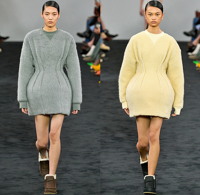 JW Anderson 2024-2025 Fall Autumn Winter Womens Runway Collection - London Fashion Week LFW UK - Chunky Sculpture Knit Grandma Braid Sweater Jumper Ribbed Shorts Layers Tiered Flaps Leather Wool Cinch Bulb Dress Sweaterdress Crop Top Midriff Miniskirt Tied Wrap Suede Stripes Vest Tabard Chevron Draped Twist Knots Sheer Tassels Curtain Trompe L'oeil Flowers Floral Rosettes Streamers Fringes Shirtdress Oversized Coat Motorcycle Biker Jacket Fur Loafers Handbag