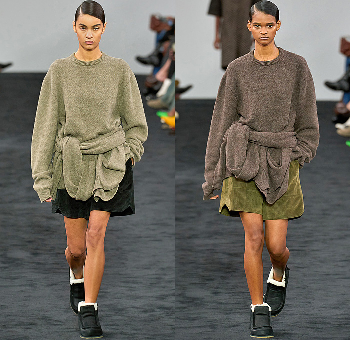 JW Anderson 2024-2025 Fall Autumn Winter Womens Runway Collection - London Fashion Week LFW UK - Chunky Sculpture Knit Grandma Braid Sweater Jumper Ribbed Shorts Layers Tiered Flaps Leather Wool Cinch Bulb Dress Sweaterdress Crop Top Midriff Miniskirt Tied Wrap Suede Stripes Vest Tabard Chevron Draped Twist Knots Sheer Tassels Curtain Trompe L'oeil Flowers Floral Rosettes Streamers Fringes Shirtdress Oversized Coat Motorcycle Biker Jacket Fur Loafers Handbag