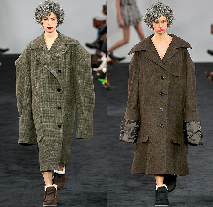 JW Anderson 2024-2025 Fall Autumn Winter Womens Runway Collection - London Fashion Week LFW UK - Chunky Sculpture Knit Grandma Braid Sweater Jumper Ribbed Shorts Layers Tiered Flaps Leather Wool Cinch Bulb Dress Sweaterdress Crop Top Midriff Miniskirt Tied Wrap Suede Stripes Vest Tabard Chevron Draped Twist Knots Sheer Tassels Curtain Trompe L'oeil Flowers Floral Rosettes Streamers Fringes Shirtdress Oversized Coat Motorcycle Biker Jacket Fur Loafers Handbag