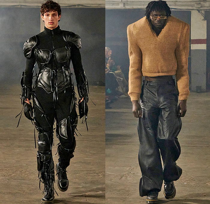 Leandro Cano 2024-2025 Fall Autumn Winter Mens Runway Collection - Menú - Padded Gloves Tied Strings Frankenstein Shoulders Knit Ribbed Turtleneck Sweater Jumper Slouchy Wide Leg Baggy Trompe L'oeil Vintage Car Motorcycle Trees Illustration Chairs Suit Blazer Hoodie Sweatshirt Curved Shoulders Round Poufy Sleeves Balloon Pants Oversized Outerwear Trench Coat Zipper Boots