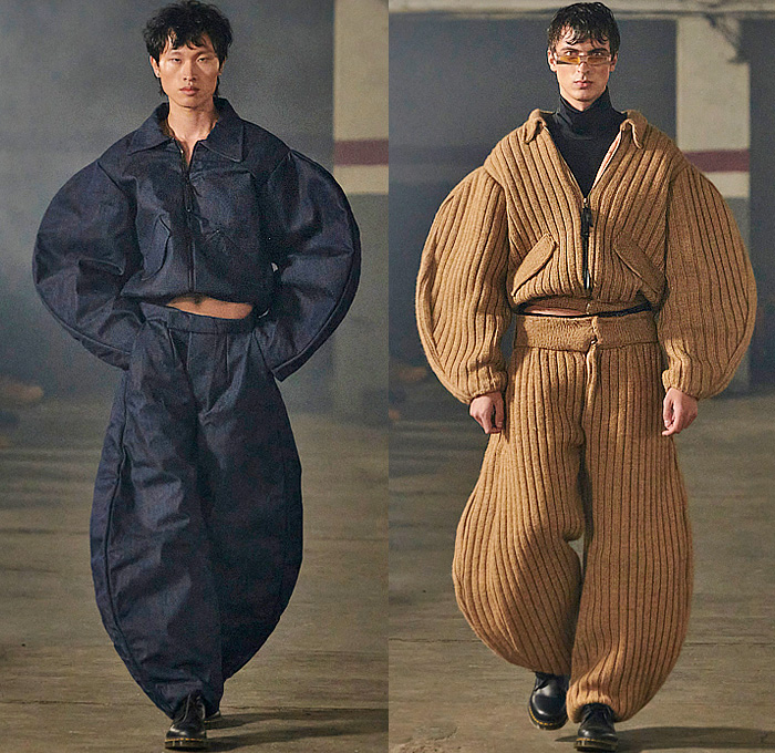 Leandro Cano 2024-2025 Fall Autumn Winter Mens Runway Collection - Menú - Padded Gloves Tied Strings Frankenstein Shoulders Knit Ribbed Turtleneck Sweater Jumper Slouchy Wide Leg Baggy Trompe L'oeil Vintage Car Motorcycle Trees Illustration Chairs Suit Blazer Hoodie Sweatshirt Curved Shoulders Round Poufy Sleeves Balloon Pants Oversized Outerwear Trench Coat Zipper Boots