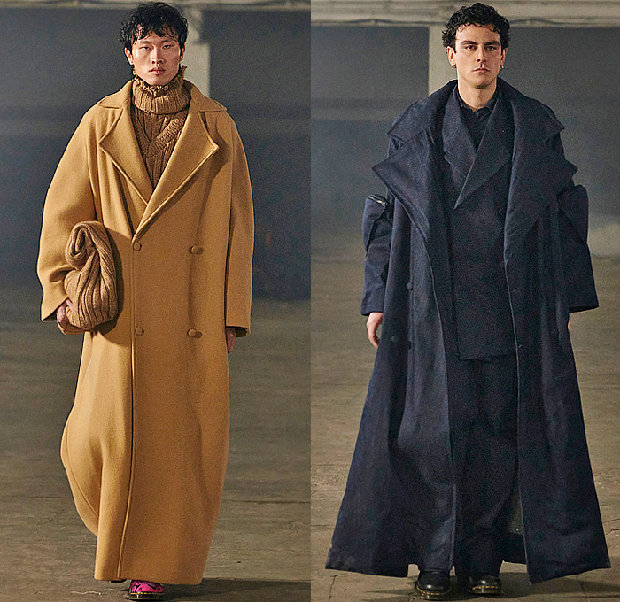 Leandro Cano 2024-2025 Fall Autumn Winter Mens Runway Collection - Menú - Padded Gloves Tied Strings Frankenstein Shoulders Knit Ribbed Turtleneck Sweater Jumper Slouchy Wide Leg Baggy Trompe L'oeil Vintage Car Motorcycle Trees Illustration Chairs Suit Blazer Hoodie Sweatshirt Curved Shoulders Round Poufy Sleeves Balloon Pants Oversized Outerwear Trench Coat Zipper Boots