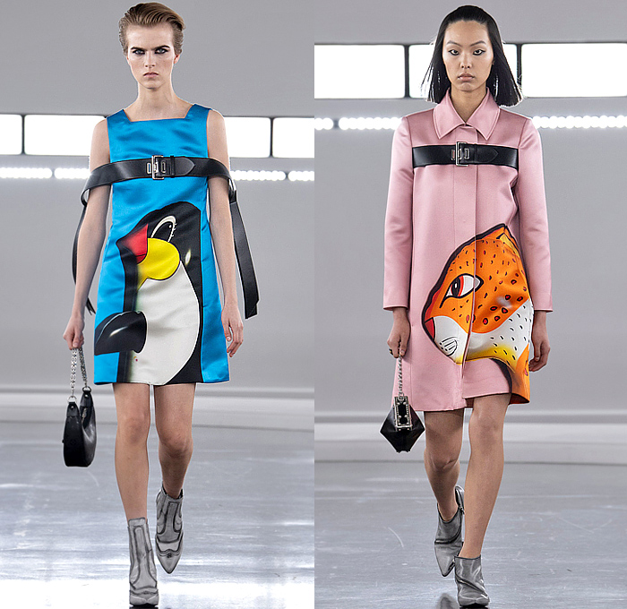 Louis Vuitton 2024 Pre-Fall Autumn Womens Voyager Show - Cartoon Animals Satin Belt Strap Coat Sheer Patchwork Track Jacket Flowers Floral Asymmetrical Pleats Ruffles Puff Shoulders Utility Vest Pockets Embroidery Metal Trinkets Crystals Shorts Snap Buttons Crop Top Midriff Shorts Denim Jeans Check Peter Pan Collar Cutout Capelet Harem Balloon Pants Draped Knit Sweater Mullet Hem Halterneck Gown One Shoulder Wrap Babydoll Bubble Bulb Dress Quilted Puffer Fur Handbag Boots Trainers