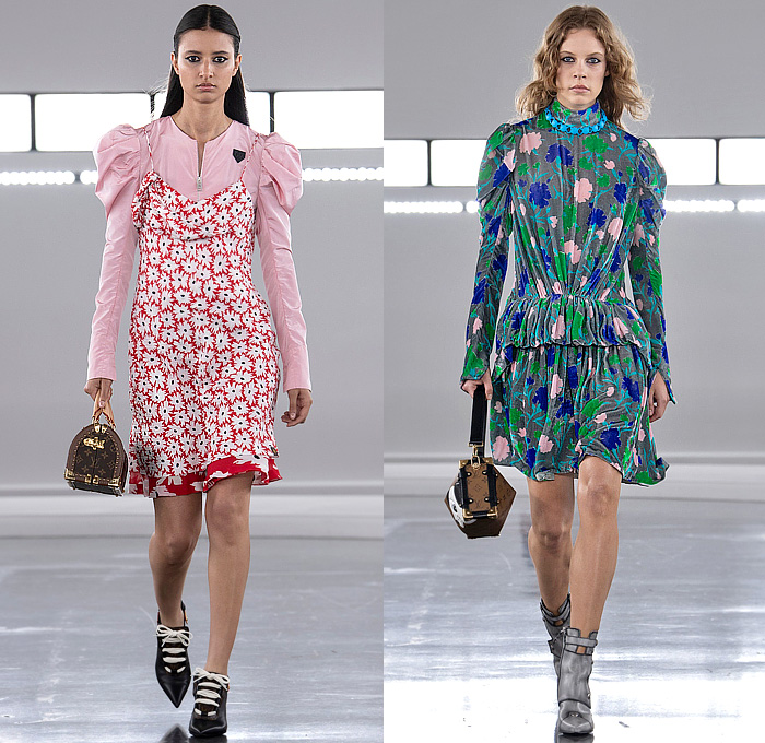 Louis Vuitton 2024 Pre-Fall Autumn Womens Voyager Show - Cartoon Animals Satin Belt Strap Coat Sheer Patchwork Track Jacket Flowers Floral Asymmetrical Pleats Ruffles Puff Shoulders Utility Vest Pockets Embroidery Metal Trinkets Crystals Shorts Snap Buttons Crop Top Midriff Shorts Denim Jeans Check Peter Pan Collar Cutout Capelet Harem Balloon Pants Draped Knit Sweater Mullet Hem Halterneck Gown One Shoulder Wrap Babydoll Bubble Bulb Dress Quilted Puffer Fur Handbag Boots Trainers