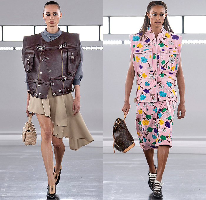Louis Vuitton 2024 Pre-Fall Autumn Womens Voyager Show - Cartoon Animals Satin Belt Strap Coat Sheer Patchwork Track Jacket Flowers Floral Asymmetrical Pleats Ruffles Puff Shoulders Utility Vest Pockets Embroidery Metal Trinkets Crystals Shorts Snap Buttons Crop Top Midriff Shorts Denim Jeans Check Peter Pan Collar Cutout Capelet Harem Balloon Pants Draped Knit Sweater Mullet Hem Halterneck Gown One Shoulder Wrap Babydoll Bubble Bulb Dress Quilted Puffer Fur Handbag Boots Trainers