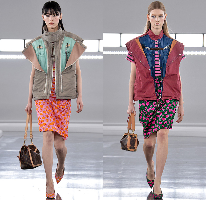 Louis Vuitton 2024 Pre-Fall Autumn Womens Voyager Show - Cartoon Animals Satin Belt Strap Coat Sheer Patchwork Track Jacket Flowers Floral Asymmetrical Pleats Ruffles Puff Shoulders Utility Vest Pockets Embroidery Metal Trinkets Crystals Shorts Snap Buttons Crop Top Midriff Shorts Denim Jeans Check Peter Pan Collar Cutout Capelet Harem Balloon Pants Draped Knit Sweater Mullet Hem Halterneck Gown One Shoulder Wrap Babydoll Bubble Bulb Dress Quilted Puffer Fur Handbag Boots Trainers