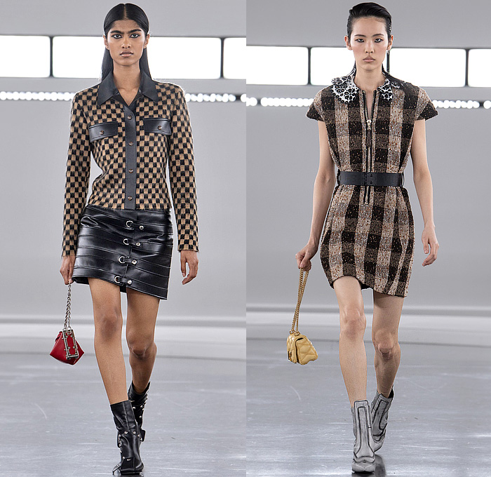 Louis Vuitton 2024 Pre-Fall Autumn Womens Voyager Show - Cartoon Animals Satin Belt Strap Coat Sheer Patchwork Track Jacket Flowers Floral Asymmetrical Pleats Ruffles Puff Shoulders Utility Vest Pockets Embroidery Metal Trinkets Crystals Shorts Snap Buttons Crop Top Midriff Shorts Denim Jeans Check Peter Pan Collar Cutout Capelet Harem Balloon Pants Draped Knit Sweater Mullet Hem Halterneck Gown One Shoulder Wrap Babydoll Bubble Bulb Dress Quilted Puffer Fur Handbag Boots Trainers