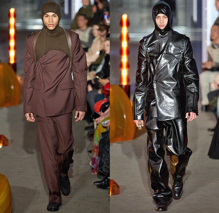 Luar by Raul Lopez 2024-2025 Fall Autumn Winter Mens Runway Collection - New York Fashion Week NYFW - Deceptionista - Knit Turtleneck Sweater Jumper Frankenstein Padded Shoulders Denim Jeans City Iconic Building Cargo Pants Pockets Wide Leg Baggy Loose Loops Hooks Hood Balaclava Vest Harness Fasteners Suit Blazer Pants Leather Manhole Steel Pattern Outerwear Coat Extra Panels Patchwork Leather Stripes Cutout Skinny Fur Arm Warmers Handbag Bag Clutch