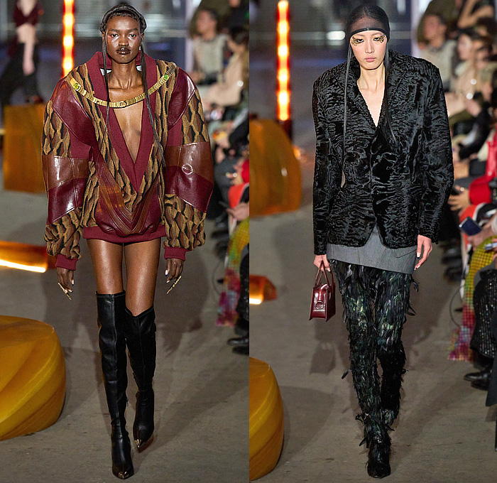 Luar by Raul Lopez 2024-2025 Fall Autumn Winter Womens Runway Collection - New York Fashion Week NYFW - Deceptionista - Frankenstein Shoulders Patchwork Leather Oversized Fur Coat Parka Blazer Feathers Denim Jeans Cardigan Sweater Jumper Full Skirt Peplum Triangular Sleeves Pockets Sheer Tulle Draped Cowl Cutout Fringes Zebra Stripes Bomber Jacket Hood Quilted Puffer Padded Cuffs Asymmetrical Crop Top Midriff Hanging Sleeve Miniskirt Knee High Boots Handbag