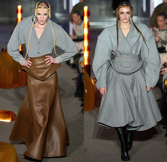Luar by Raul Lopez 2024-2025 Fall Autumn Winter Womens Runway Collection - New York Fashion Week NYFW - Deceptionista - Frankenstein Shoulders Patchwork Leather Oversized Fur Coat Parka Blazer Feathers Denim Jeans Cardigan Sweater Jumper Full Skirt Peplum Triangular Sleeves Pockets Sheer Tulle Draped Cowl Cutout Fringes Zebra Stripes Bomber Jacket Hood Quilted Puffer Padded Cuffs Asymmetrical Crop Top Midriff Hanging Sleeve Miniskirt Knee High Boots Handbag