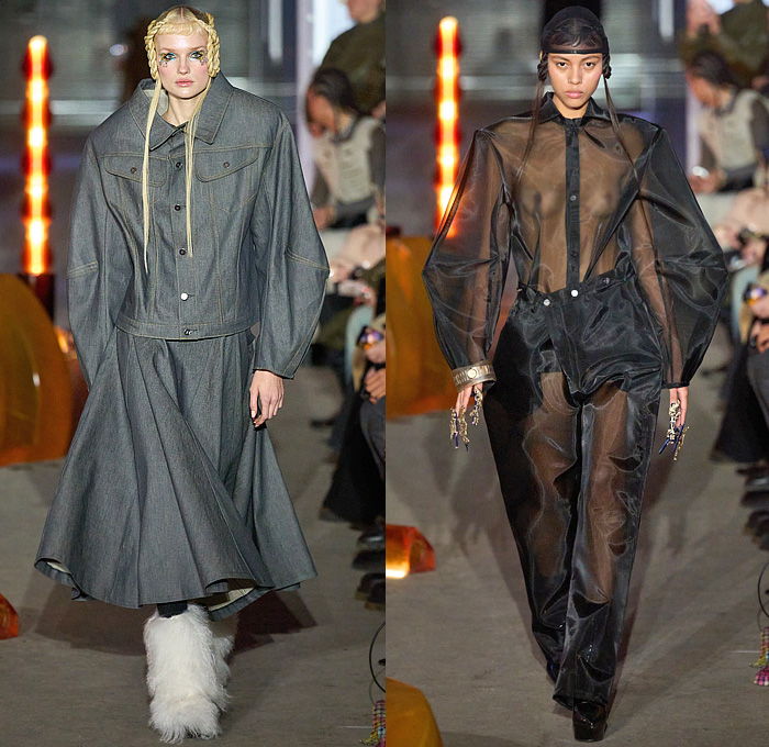 Luar by Raul Lopez 2024-2025 Fall Autumn Winter Womens Runway Collection - New York Fashion Week NYFW - Deceptionista - Frankenstein Shoulders Patchwork Leather Oversized Fur Coat Parka Blazer Feathers Denim Jeans Cardigan Sweater Jumper Full Skirt Peplum Triangular Sleeves Pockets Sheer Tulle Draped Cowl Cutout Fringes Zebra Stripes Bomber Jacket Hood Quilted Puffer Padded Cuffs Asymmetrical Crop Top Midriff Hanging Sleeve Miniskirt Knee High Boots Handbag