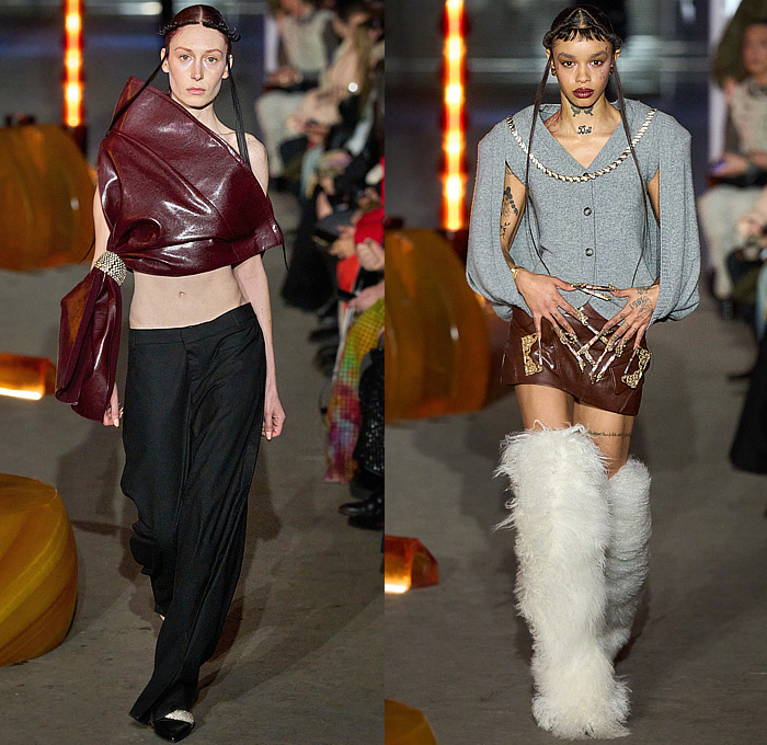 Luar by Raul Lopez 2024-2025 Fall Autumn Winter Womens Runway Collection - New York Fashion Week NYFW - Deceptionista - Frankenstein Shoulders Patchwork Leather Oversized Fur Coat Parka Blazer Feathers Denim Jeans Cardigan Sweater Jumper Full Skirt Peplum Triangular Sleeves Pockets Sheer Tulle Draped Cowl Cutout Fringes Zebra Stripes Bomber Jacket Hood Quilted Puffer Padded Cuffs Asymmetrical Crop Top Midriff Hanging Sleeve Miniskirt Knee High Boots Handbag