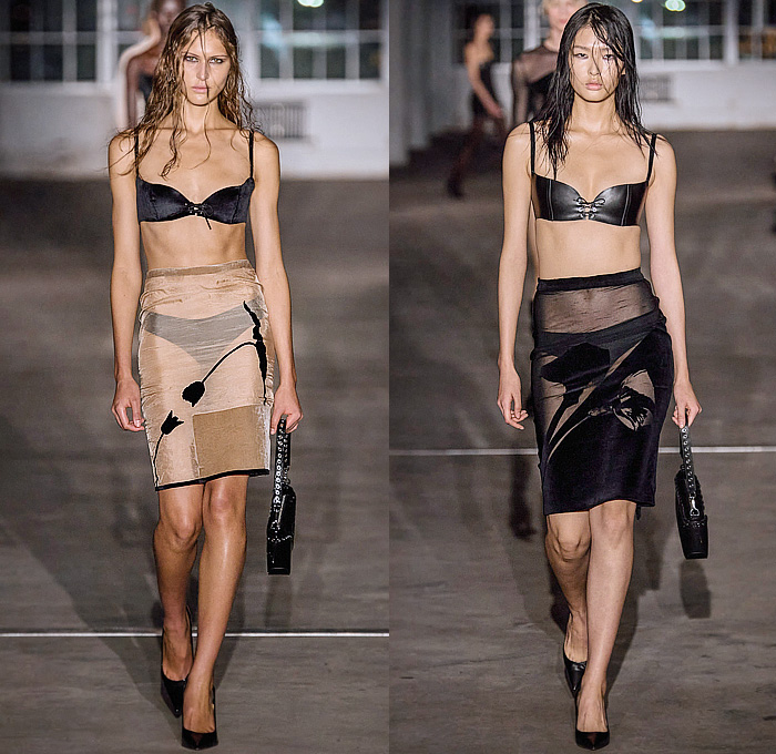 Ludovic de Saint Sernin 2024-2025 Fall Autumn Winter Womens Runway Collection - New York Fashion Week NYFW - X: The Robert Mapplethorpe Collection - Flowers Floral Silhouettes Bralette Sheer Tulle Crop Top Midriff Laces Grommets Eyelets Straps Belts Skirt Metal Mesh Cleavage Dress Crystals Incrustation Bedazzled Cross Halterneck Noodle Strap Strapless One Shoulder Velvet Gown Blazer Pantsuit Leather Military Jacket Arm Sleeves Miniskirt Tights Stockings Stripes Handbag