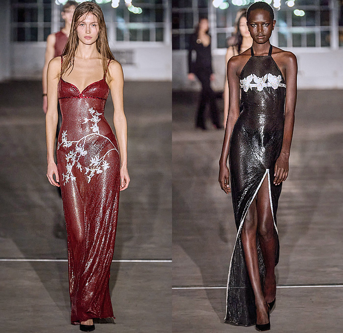 Ludovic de Saint Sernin 2024-2025 Fall Autumn Winter Womens Runway Collection - New York Fashion Week NYFW - X: The Robert Mapplethorpe Collection - Flowers Floral Silhouettes Bralette Sheer Tulle Crop Top Midriff Laces Grommets Eyelets Straps Belts Skirt Metal Mesh Cleavage Dress Crystals Incrustation Bedazzled Cross Halterneck Noodle Strap Strapless One Shoulder Velvet Gown Blazer Pantsuit Leather Military Jacket Arm Sleeves Miniskirt Tights Stockings Stripes Handbag