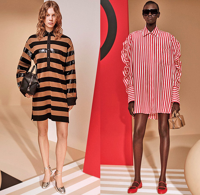 Max Mara 2024 Pre-Fall Autumn Womens Lookbook - Shirtdress Sweaterdress Blouse Stripes Onesie Butterfly Shoulders Drop Shoulder Fins Flap Lantern Knit Wide Quarter Sleeves Bell Hem Blazer Jacket Blazerdress Polka Dots Spots Shift Dress Drawstring Pants Wide Leg Palazzo Pants Miniskirt Tied Draped Outerwear Trench Coat Hybrid Handbag Flats Ballet Shoes