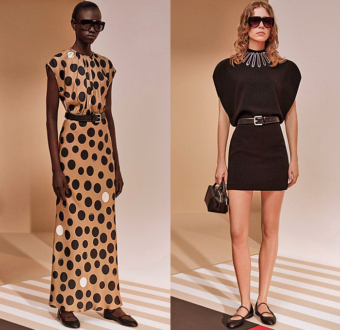 Max Mara 2024 Pre-Fall Autumn Womens Lookbook - Shirtdress Sweaterdress Blouse Stripes Onesie Butterfly Shoulders Drop Shoulder Fins Flap Lantern Knit Wide Quarter Sleeves Bell Hem Blazer Jacket Blazerdress Polka Dots Spots Shift Dress Drawstring Pants Wide Leg Palazzo Pants Miniskirt Tied Draped Outerwear Trench Coat Hybrid Handbag Flats Ballet Shoes